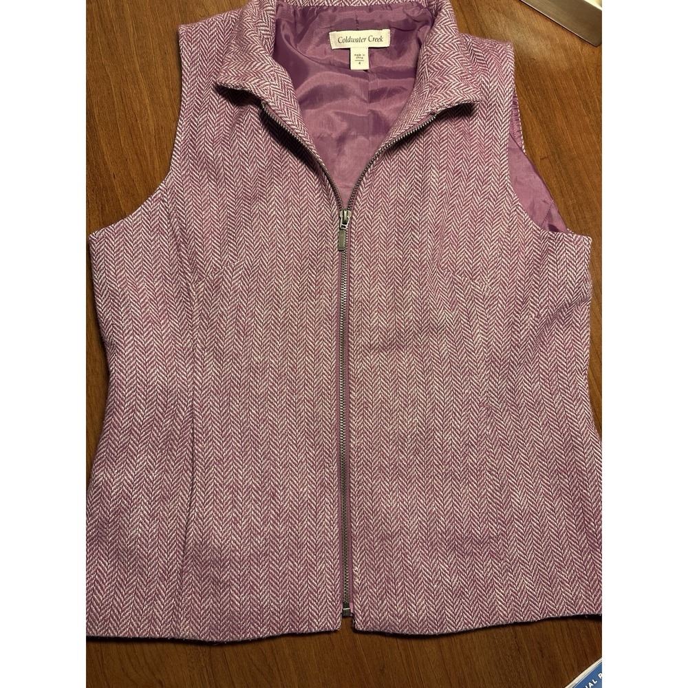 COLDWATER CREEK Purple Herringbone Wool Tweed Zip-Up Vest Size 4 Lined Pockets